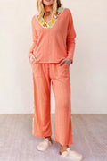 Orange Crochet Floral Accent V-Neck Textured Trouser Set