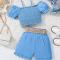 Girls 3pc Blue Shorts Set with Matching Headband