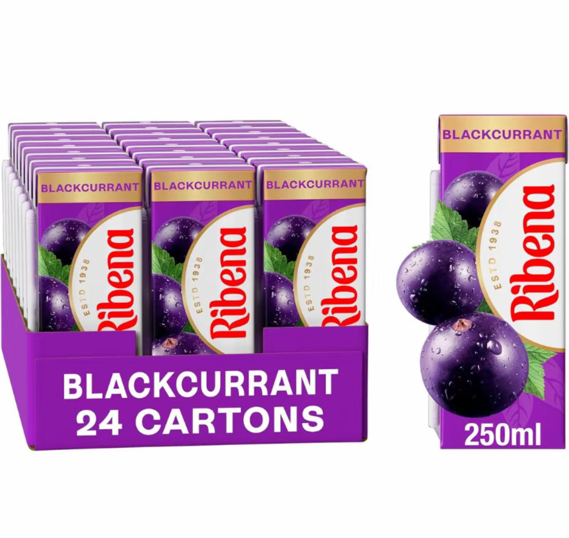 Ribena-Fruit Juice Drink 24 Pack (24 x 250ml Cartons)- Blackcurrant, Strawberry I Real Fruit