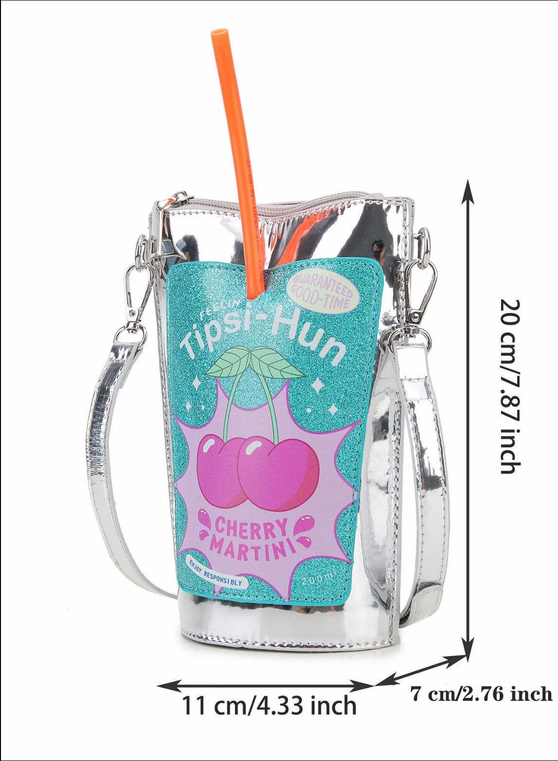 Cute Silver Color Straw Drink Shape Women's Crossbody Bag, Unique Cartoon Design Shoulder