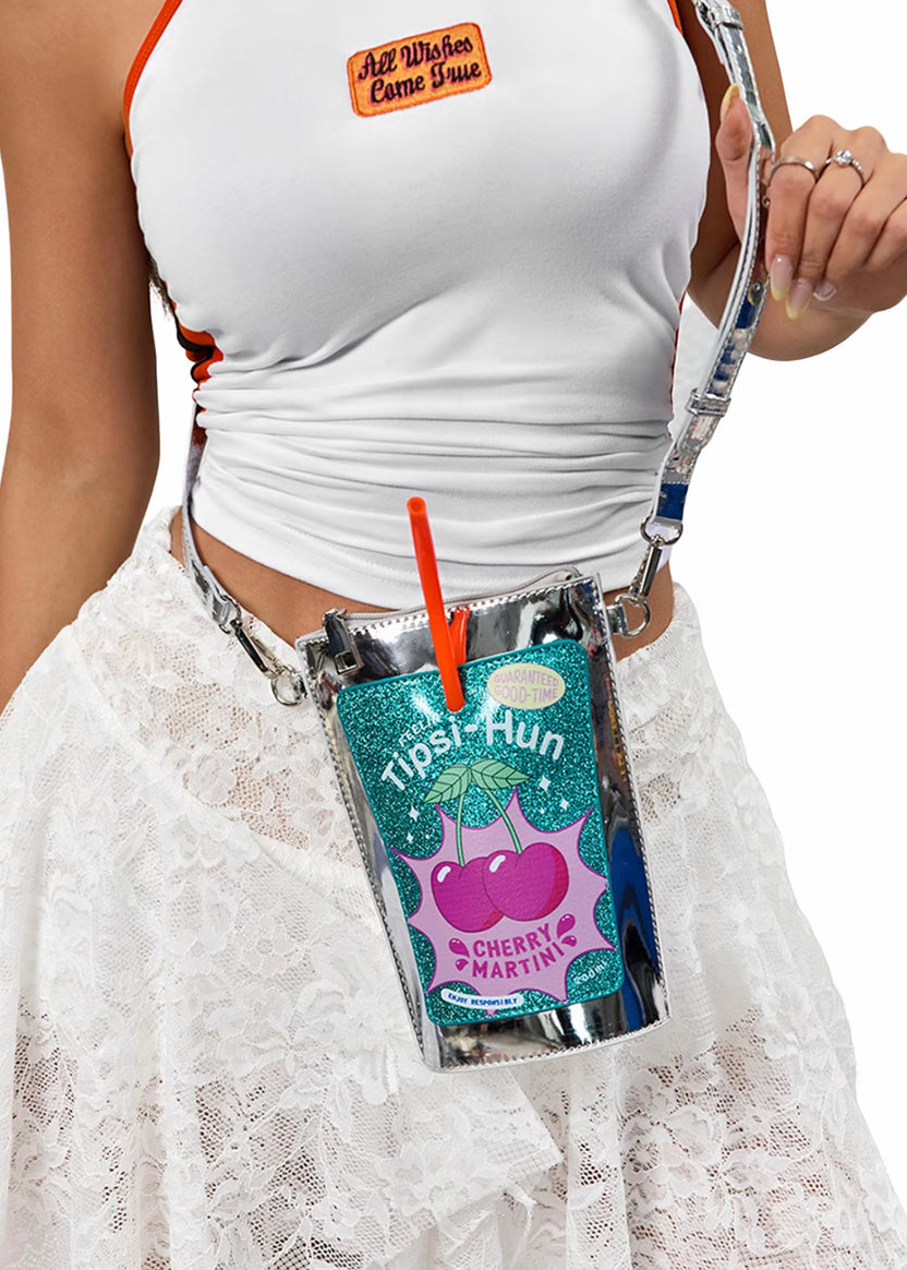 Cute Silver Color Straw Drink Shape Women's Crossbody Bag, Unique Cartoon Design Shoulder